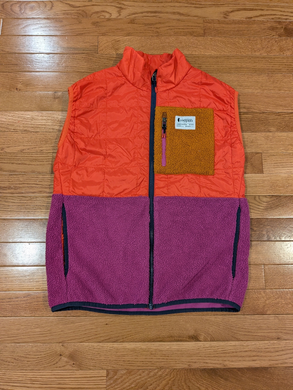 Cotopaxi Trico Hybrid Vest Orange Quilted Upper Purple Fleece Lower
